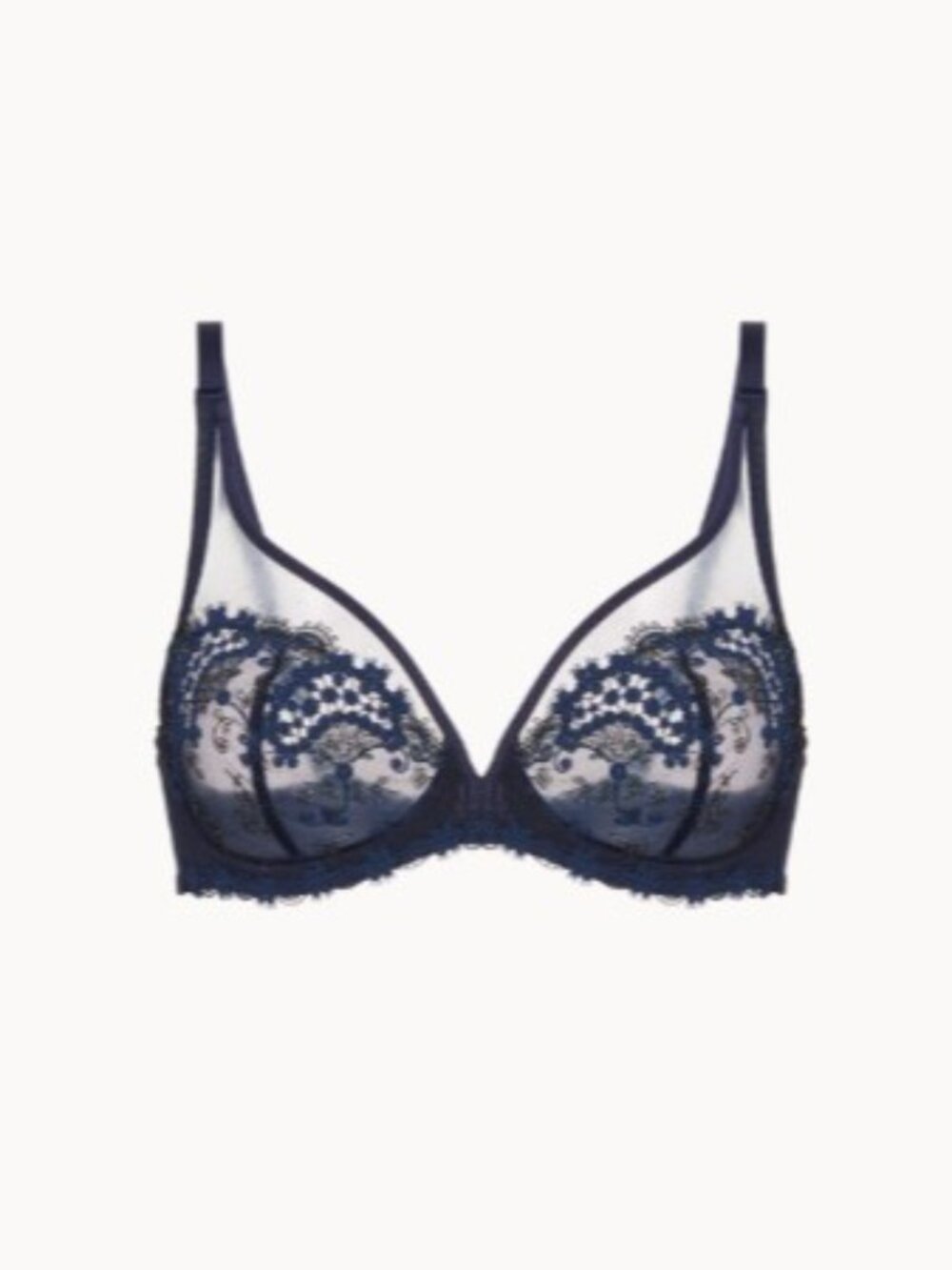 NWT Simone Perele Wish Full Cup Plunge Night Blue Sheer Lace Underwire Bra 32D
